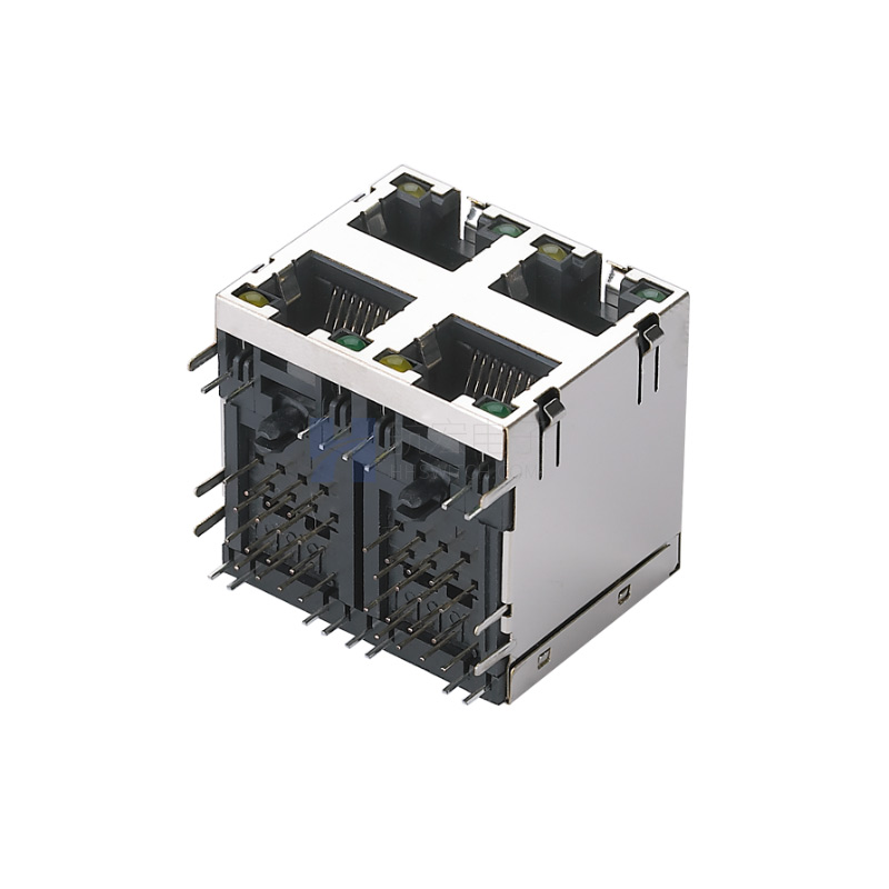 网口连接器RJ45双层4口 带灯 带弹 带屏蔽 网络接口插座
