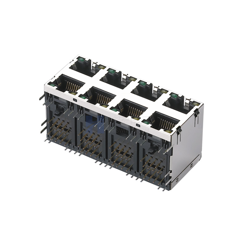 卧式网口连接器RJ45双层2X4带灯带屏蔽