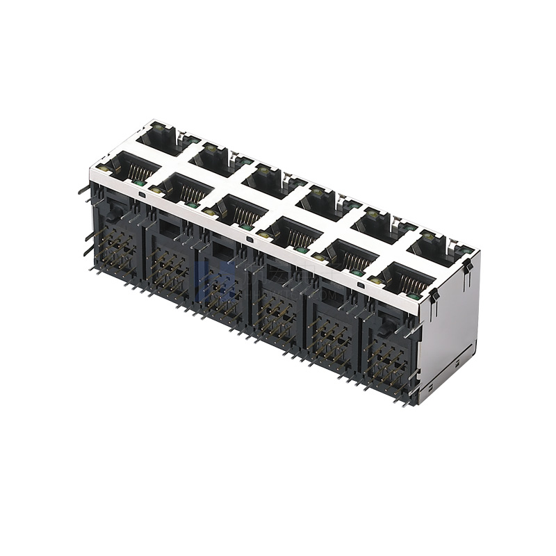卧式网口连接器RJ45双层2X6带灯 带屏蔽 网络接口插座