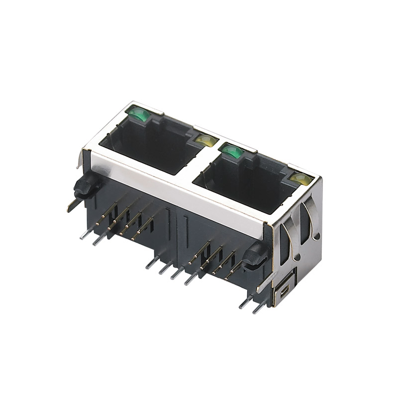 卧式网口连接器RJ45-1X2铜壳带灯 带屏蔽 网络接口插座