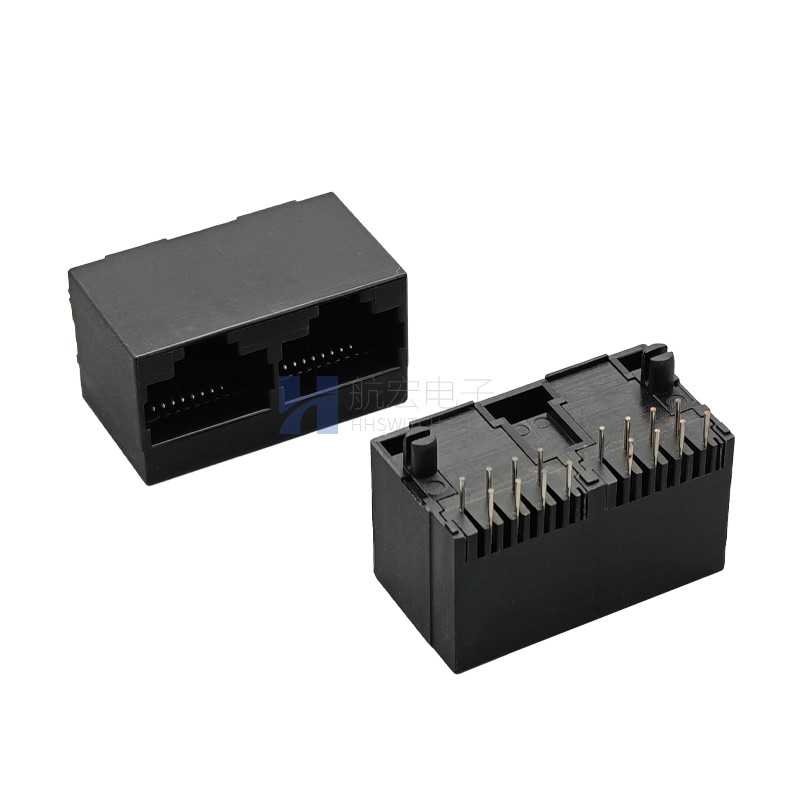 RJ45连接器1X2双网口180度立式8P8C 黑色全塑网络接口插座