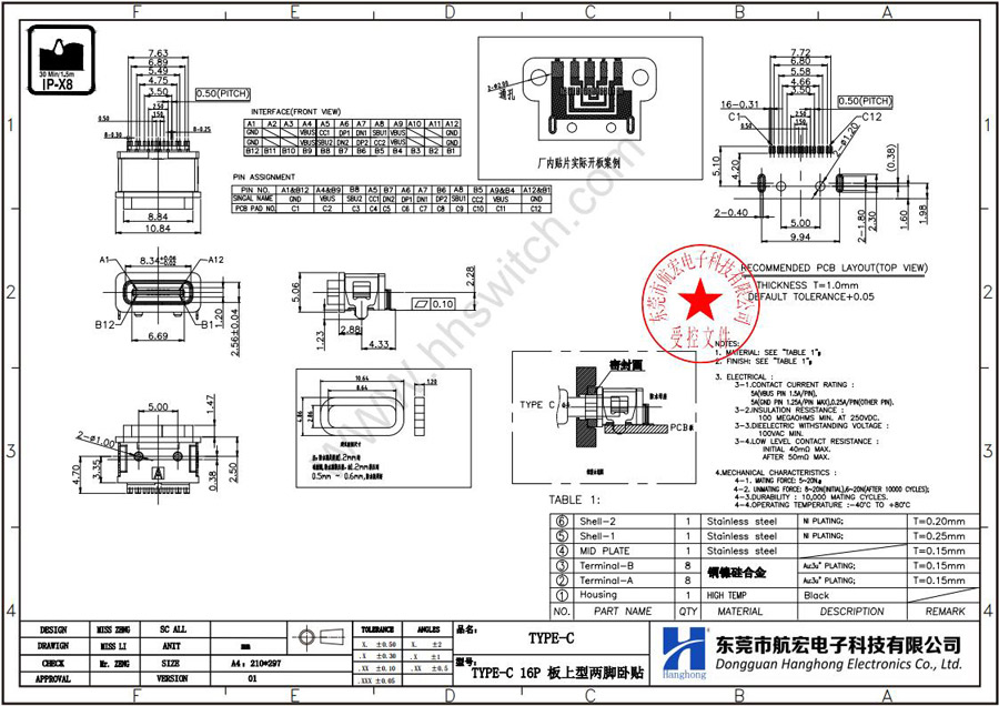 TYPE-C-16P板上型两脚卧贴尺寸图