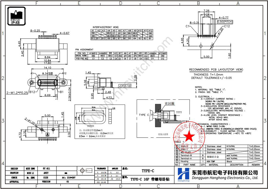 TYPE-C-16P带螺母卧贴尺寸图