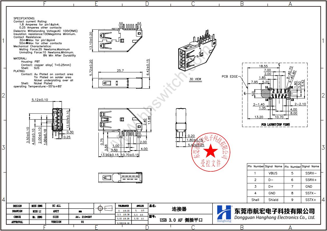 USB 3.0连接器母座尺寸图