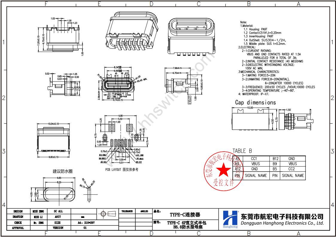 TYPE-C 16P 防水母座尺寸图