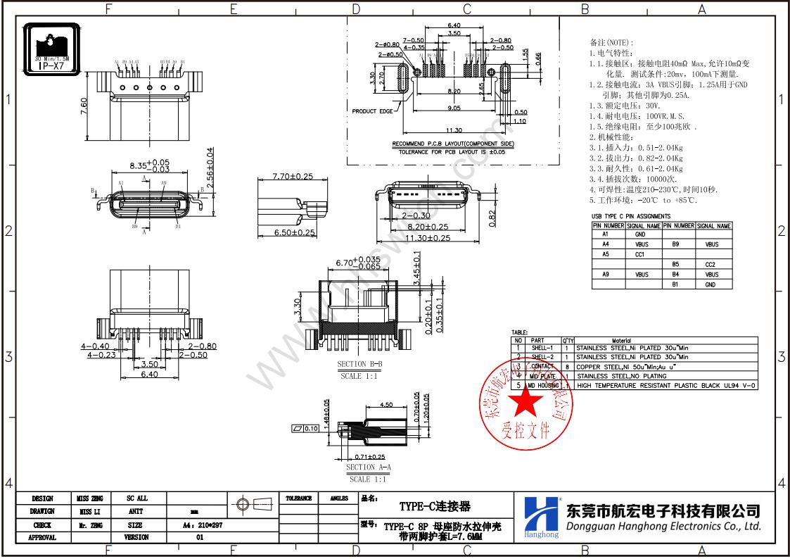 TYPE-C 16P 防水母座尺寸图