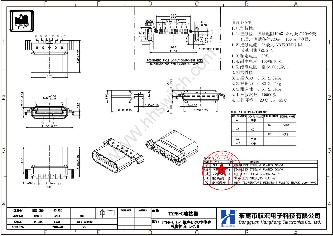 TYPE-C 16P 防水母座尺寸图