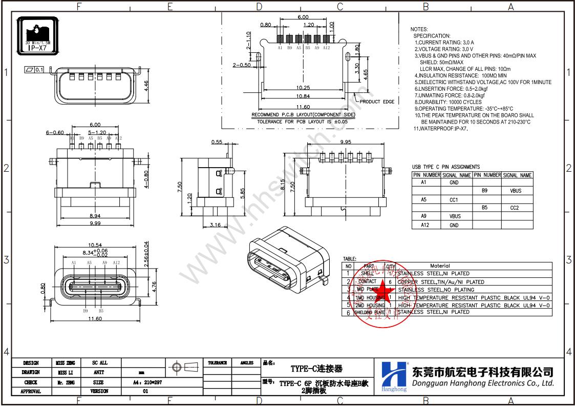 TYPE-C 6P 防水母座尺寸图